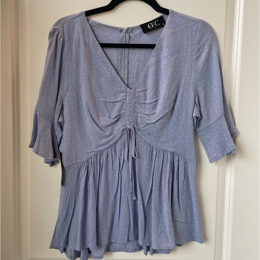 Blue flowy tie polka dot shirt